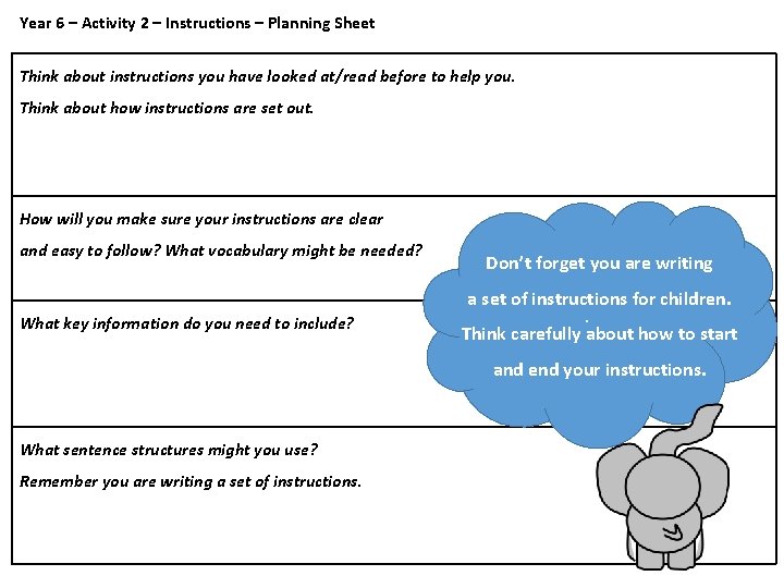 Year 6 – Activity 2 – Instructions – Planning Sheet Think about instructions you