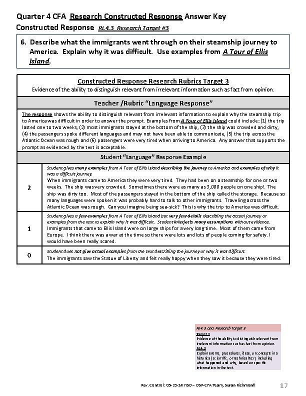 Quarter 4 CFA Research Constructed Response Answer Key Constructed Response RI. 4. 3 Research