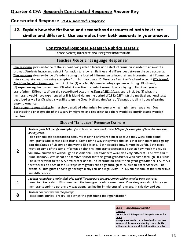 Quarter 4 CFA Research Constructed Response Answer Key Constructed Response RI. 4. 6 Research