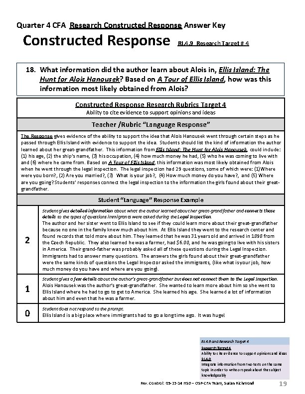 Quarter 4 CFA Research Constructed Response Answer Key Constructed Response RI. 4. 9 Research