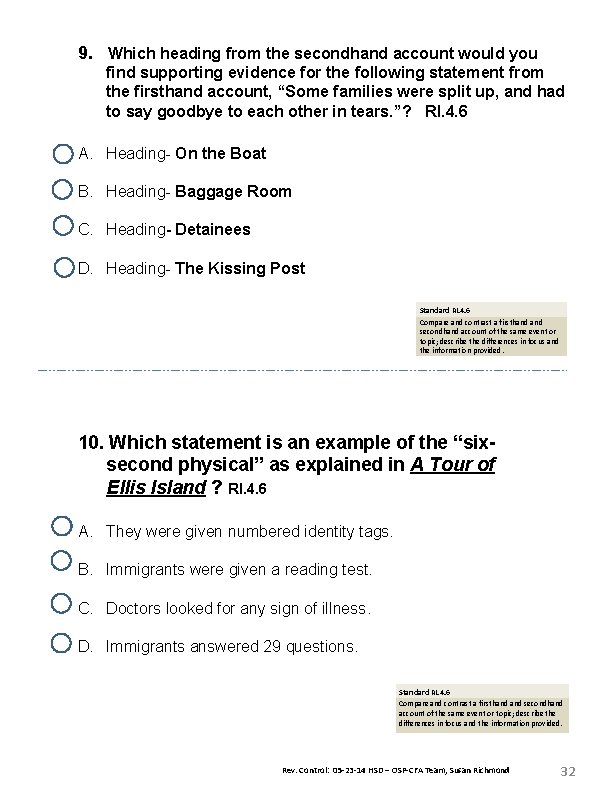 9. Which heading from the secondhand account would you find supporting evidence for the