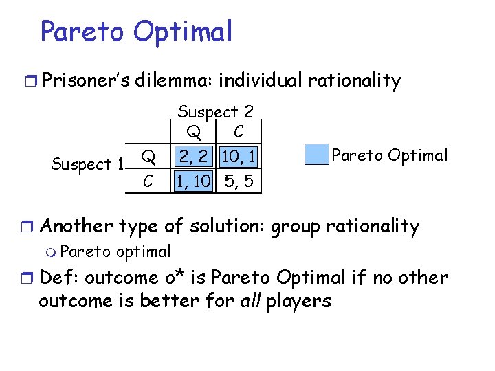Pareto Optimal r Prisoner’s dilemma: individual rationality Suspect 1 Q C Suspect 2 Q Pareto Optimal r Prisoner’s dilemma: individual rationality Suspect 1 Q C Suspect 2 Q