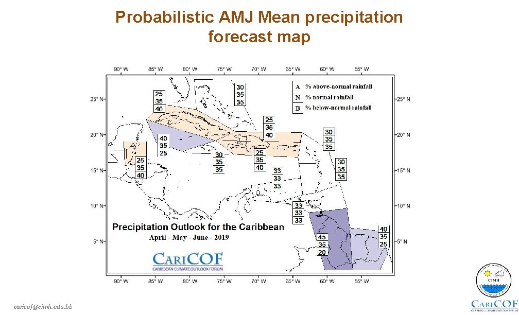 Probabilistic AMJ Mean precipitation forecast map caricof@cimh. edu. bb 