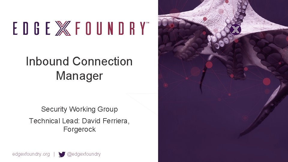 Inbound Connection Manager Security Working Group Technical Lead: David Ferriera, Forgerock edgexfoundry. org |