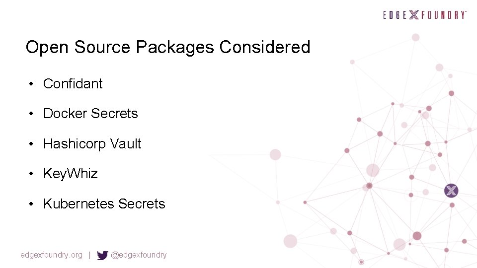 Open Source Packages Considered • Confidant • Docker Secrets • Hashicorp Vault • Key.