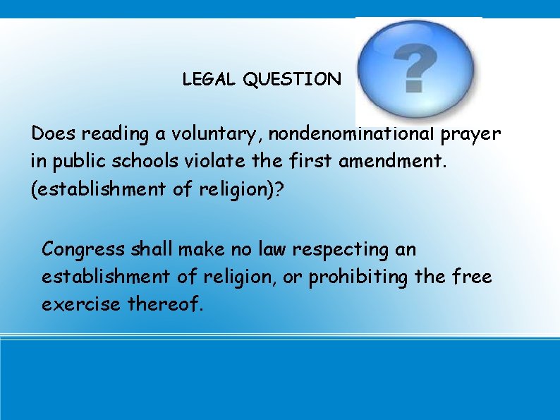 LEGAL QUESTION Does reading a voluntary, nondenominational prayer in public schools violate the first