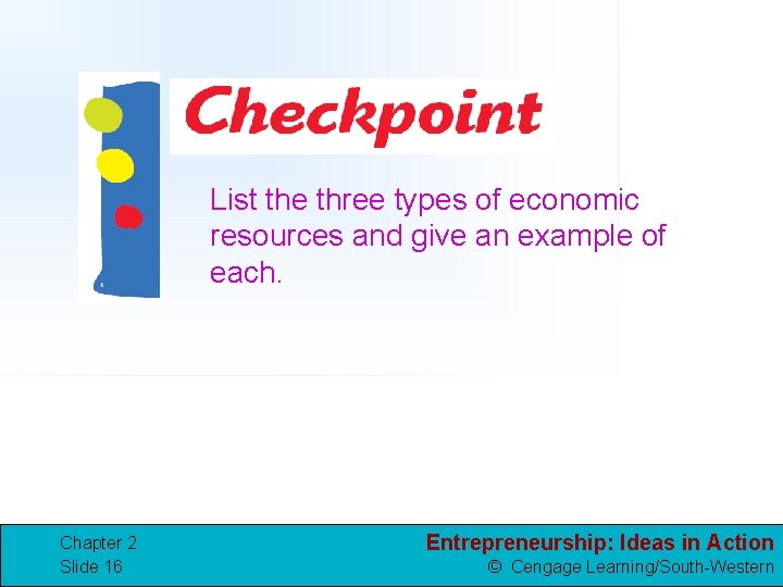 List the three types of economic resources and give an example of each. Chapter