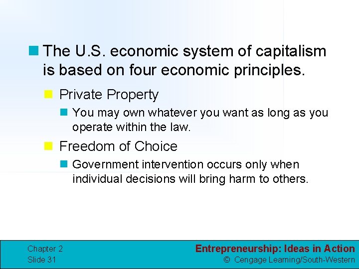 n The U. S. economic system of capitalism is based on four economic principles.