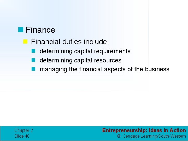 n Finance n Financial duties include: n determining capital requirements n determining capital resources