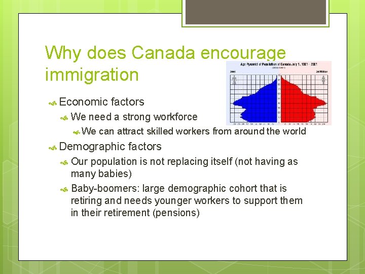 Why does Canada encourage immigration Economic factors We need a strong workforce We can