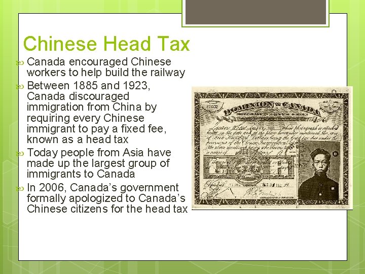 Chinese Head Tax Canada encouraged Chinese workers to help build the railway Between 1885