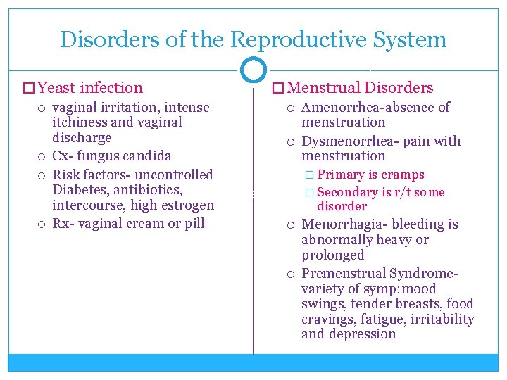 Disorders of the Reproductive System � Yeast infection vaginal irritation, intense itchiness and vaginal