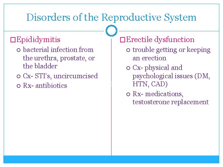 Disorders of the Reproductive System �Epididymitis bacterial infection from the urethra, prostate, or the