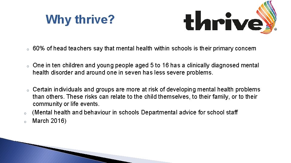 Why thrive? o o o 60% of head teachers say that mental health within