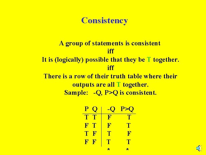 Consistency A group of statements is consistent iff It is (logically) possible that they