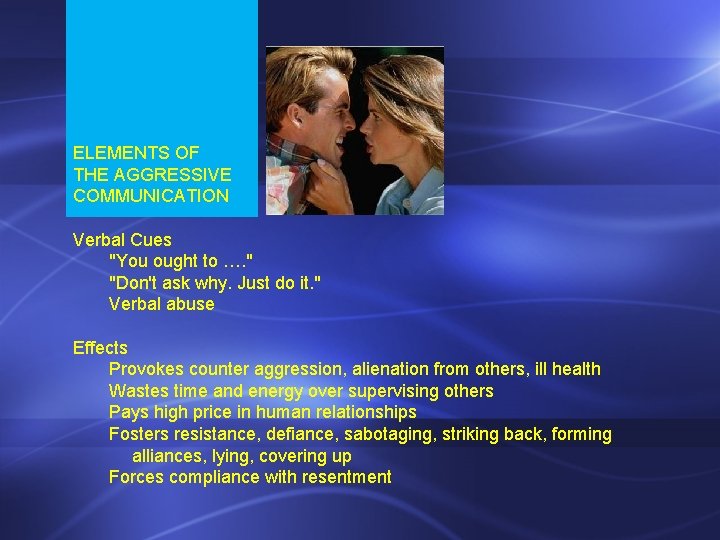 ELEMENTS OF THE AGGRESSIVE COMMUNICATION Verbal Cues "You ought to …. " "Don't ask ELEMENTS OF THE AGGRESSIVE COMMUNICATION Verbal Cues "You ought to …. " "Don't ask