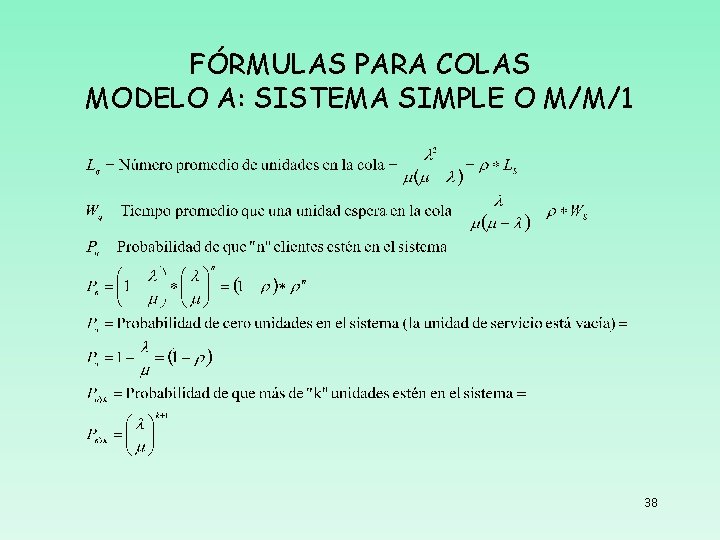 FÓRMULAS PARA COLAS MODELO A: SISTEMA SIMPLE O M/M/1 38 