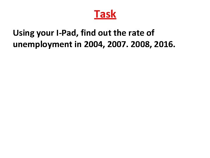 Task Using your I-Pad, find out the rate of unemployment in 2004, 2007. 2008, Task Using your I-Pad, find out the rate of unemployment in 2004, 2007. 2008,