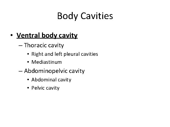 Body Cavities • Ventral body cavity – Thoracic cavity • Right and left pleural Body Cavities • Ventral body cavity – Thoracic cavity • Right and left pleural
