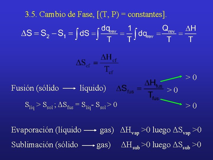 3. 5. Cambio de Fase, [(T, P) = constantes]. >0 Fusión (sólido líquido) Slíq