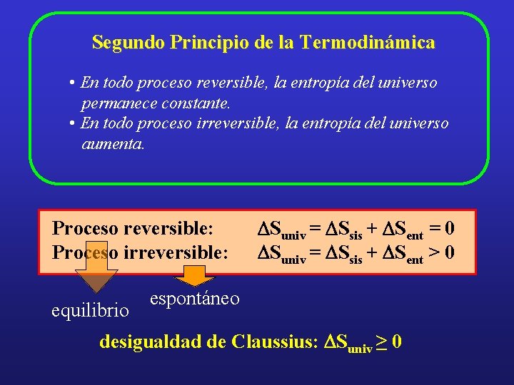 Segundo Principio de la Termodinámica • En todo proceso reversible, la entropía del universo