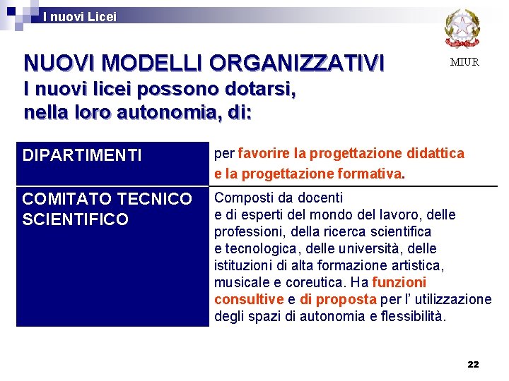 I nuovi Licei NUOVI MODELLI ORGANIZZATIVI MIUR l nuovi licei possono dotarsi, nella loro