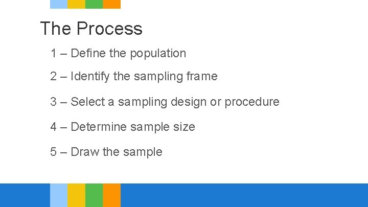 The Process 1 – Define the population 2 – Identify the sampling frame 3
