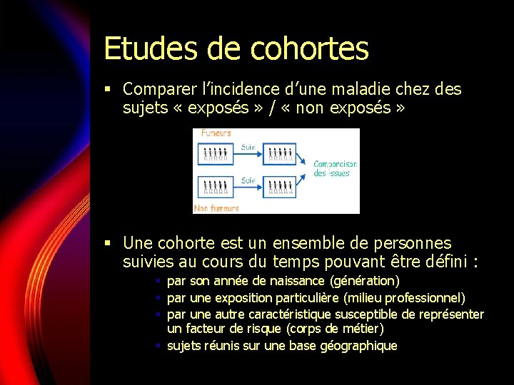 Etudes de cohortes § Comparer l’incidence d’une maladie chez des sujets « exposés »