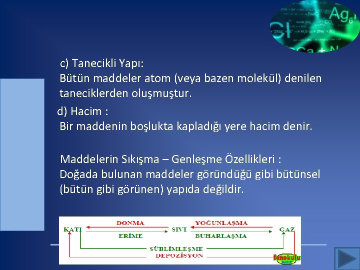  c) Tanecikli Yapı: Bütün maddeler atom (veya bazen molekül) denilen taneciklerden oluşmuştur. d)