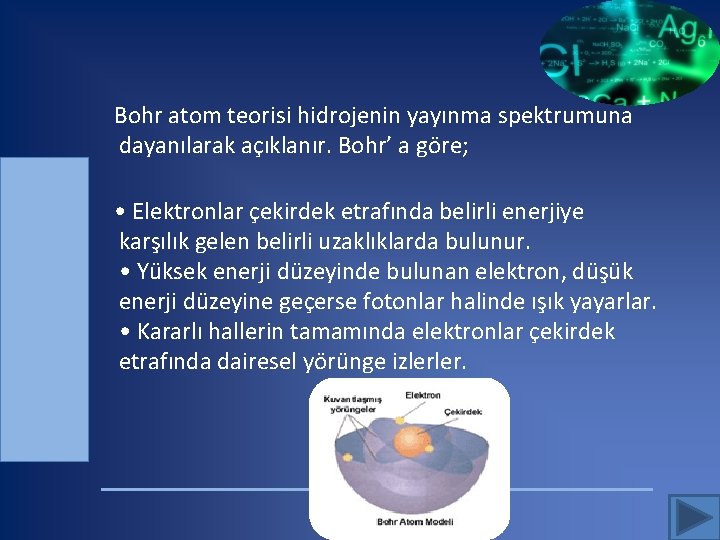  Bohr atom teorisi hidrojenin yayınma spektrumuna dayanılarak açıklanır. Bohr’ a göre; • Elektronlar