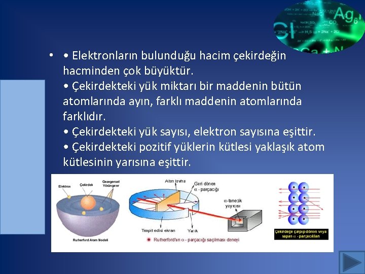  • • Elektronların bulunduğu hacim çekirdeğin hacminden çok büyüktür. • Çekirdekteki yük miktarı