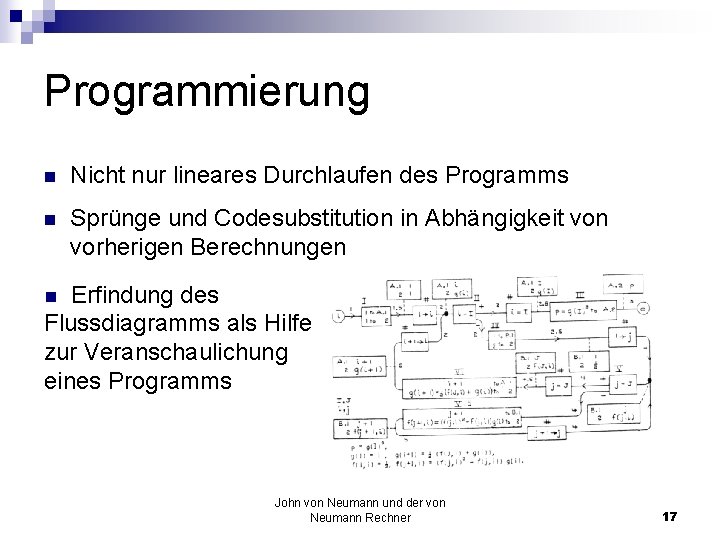 Programmierung n Nicht nur lineares Durchlaufen des Programms n Sprünge und Codesubstitution in Abhängigkeit