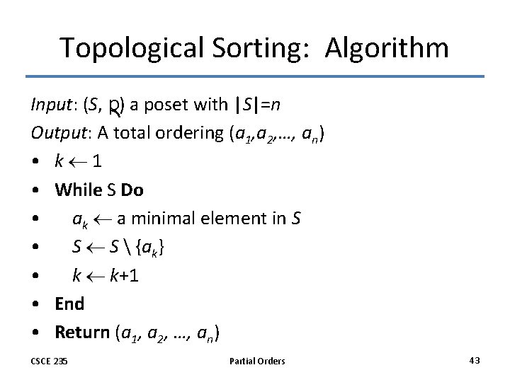 Topological Sorting: Algorithm Input: (S, p) a poset with |S|=n Output: A total ordering