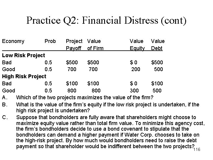 Practice Q 2: Financial Distress (cont) Economy Prob Project Value Payoff of Firm Value Practice Q 2: Financial Distress (cont) Economy Prob Project Value Payoff of Firm Value