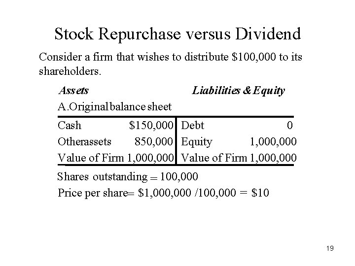 Stock Repurchase versus Dividend Consider a firm that wishes to distribute $100, 000 to Stock Repurchase versus Dividend Consider a firm that wishes to distribute $100, 000 to