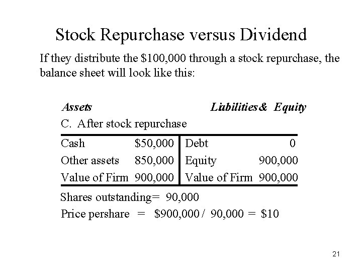 Stock Repurchase versus Dividend If they distribute the $100, 000 through a stock repurchase, Stock Repurchase versus Dividend If they distribute the $100, 000 through a stock repurchase,