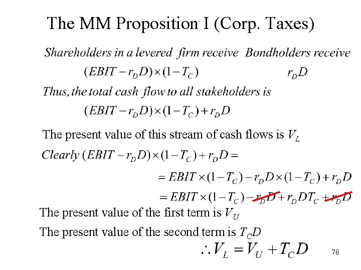 The MM Proposition I (Corp. Taxes) The present value of this stream of cash The MM Proposition I (Corp. Taxes) The present value of this stream of cash