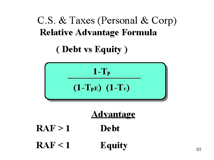C. S. & Taxes (Personal & Corp) Relative Advantage Formula ( Debt vs Equity C. S. & Taxes (Personal & Corp) Relative Advantage Formula ( Debt vs Equity