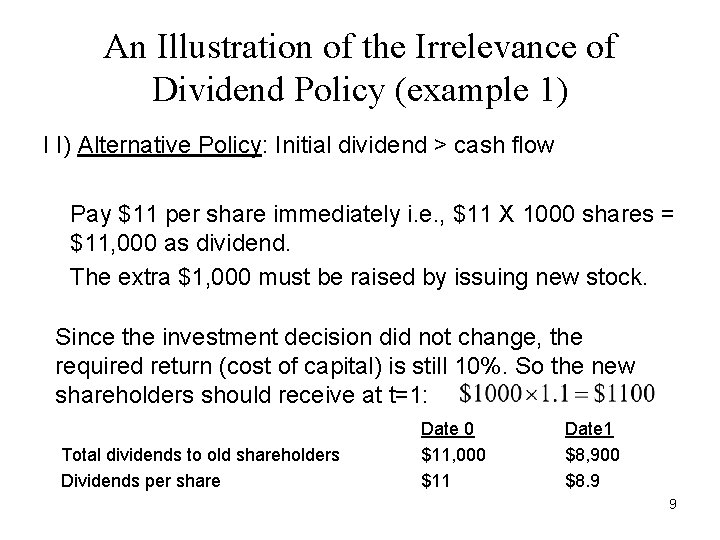 An Illustration of the Irrelevance of Dividend Policy (example 1) I I) Alternative Policy: An Illustration of the Irrelevance of Dividend Policy (example 1) I I) Alternative Policy:
