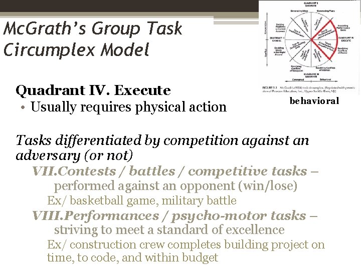 Mc. Grath’s Group Task Circumplex Model Quadrant IV. Execute • Usually requires physical action