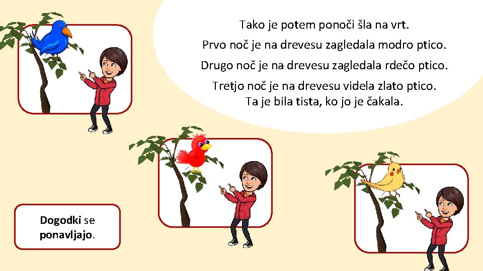 Tako je potem ponoči šla na vrt. Prvo noč je na drevesu zagledala modro