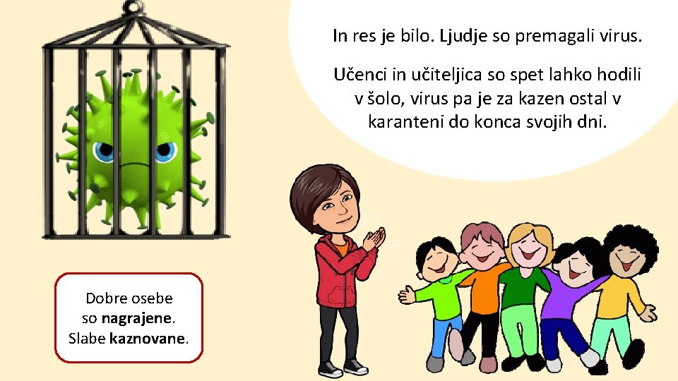 In res je bilo. Ljudje so premagali virus. Učenci in učiteljica so spet lahko