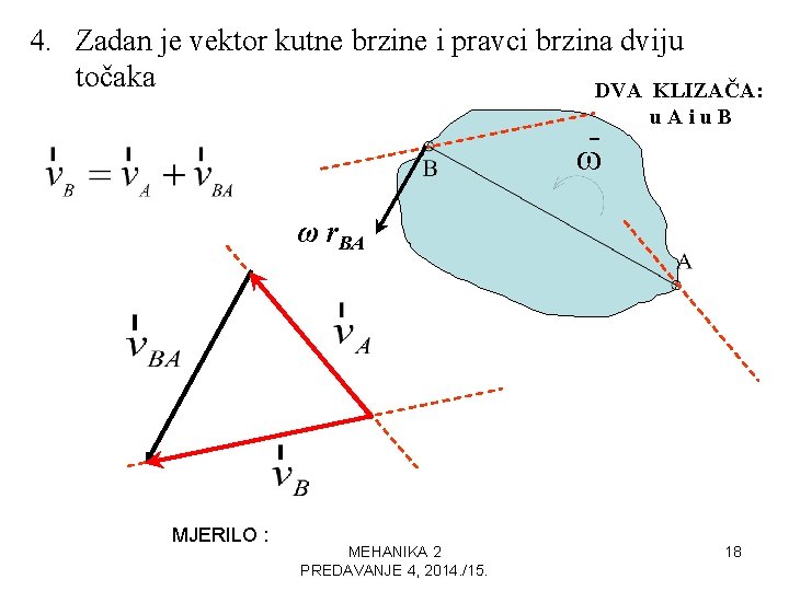 4. Zadan je vektor kutne brzine i pravci brzina dviju točaka DVA KLIZAČA: u. 4. Zadan je vektor kutne brzine i pravci brzina dviju točaka DVA KLIZAČA: u.