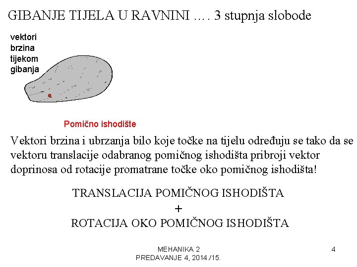 GIBANJE TIJELA U RAVNINI …. 3 stupnja slobode vektori brzina tijekom gibanja Pomično ishodište GIBANJE TIJELA U RAVNINI …. 3 stupnja slobode vektori brzina tijekom gibanja Pomično ishodište