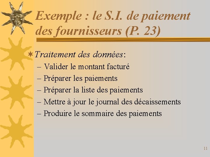 Exemple : le S. I. de paiement des fournisseurs (P. 23) ¬Traitement des données: