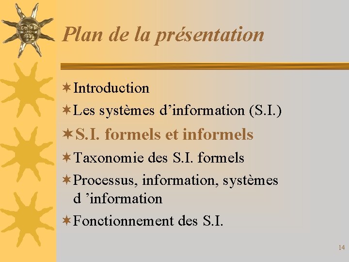 Plan de la présentation ¬Introduction ¬Les systèmes d’information (S. I. ) ¬S. I. formels