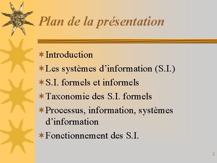 Plan de la présentation ¬Introduction ¬Les systèmes d’information (S. I. ) ¬S. I. formels