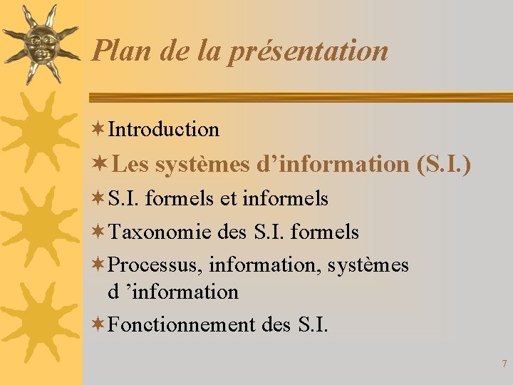 Plan de la présentation ¬Introduction ¬Les systèmes d’information (S. I. ) ¬S. I. formels