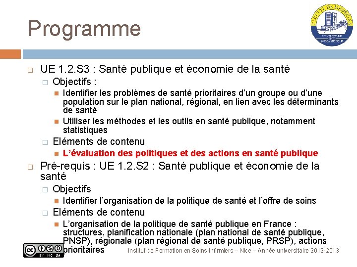 Programme UE 1. 2. S 3 : Santé publique et économie de la santé