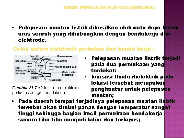 MESIN PERKAKAS NON KONVENSIONAL • Pelepasan muatan listrik dihasilkan oleh catu daya listrik arus